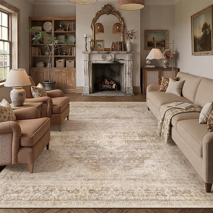 9x12 Beige Farmhouse Area Rug | Washable, Non Slip, Soft Low Pile, Neutral Vintage, Large, for Living Room Bedroom Dining Room Office Indoor Home Decor