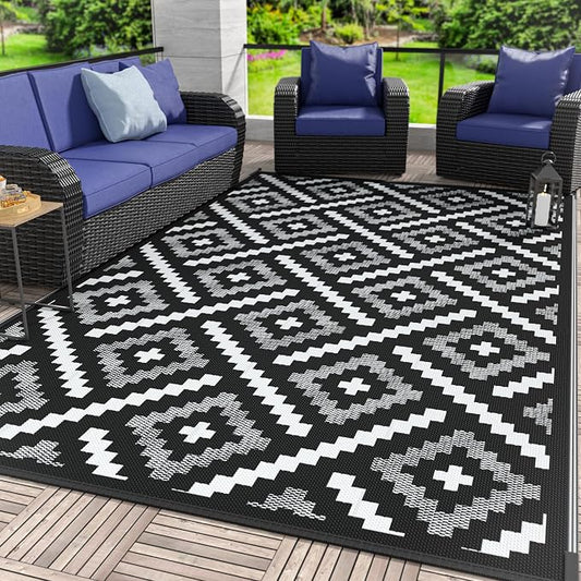 GENIMO Outdoor Rug for Patio Clearance, 6'x9' Waterproof Camping Mat, Reversible Plastic Straw Rugs for RV, Camper, Balcony, Backyard, Picnic, Deck (Mix Black White)