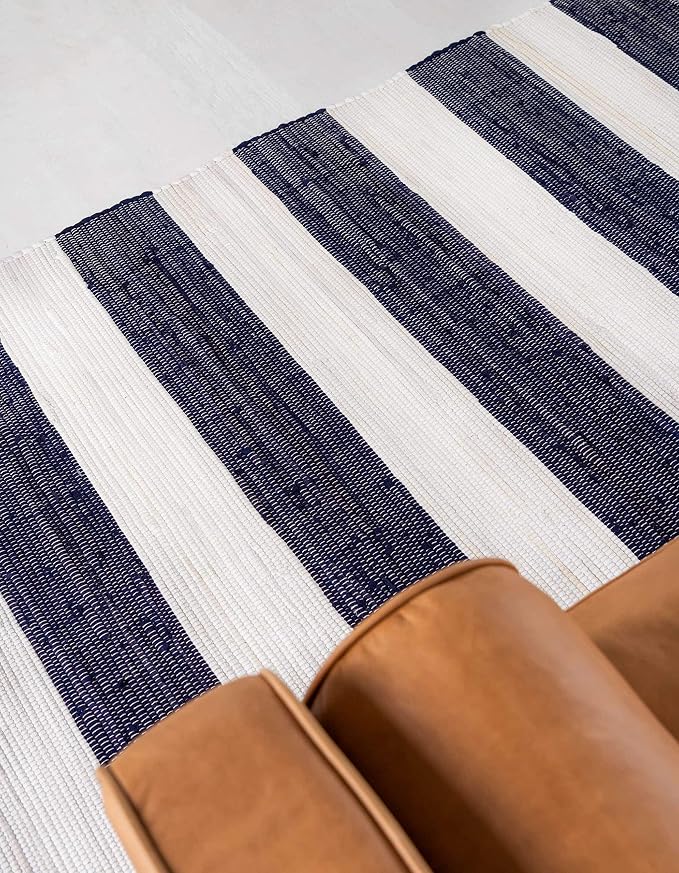 Unique Loom Chindi Rag Collection Area Rug - Striped (6' 1" x 9' Rectangle, Navy Blue/ Ivory)