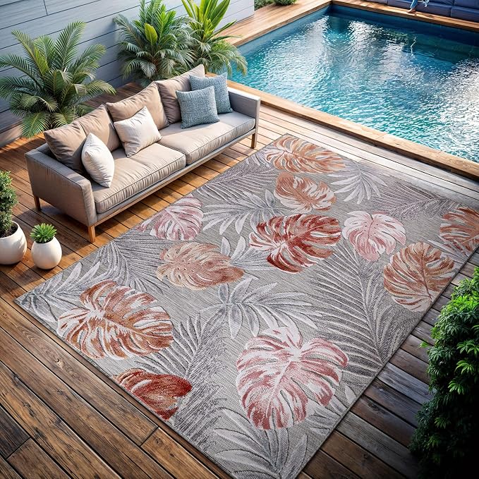 CAMILSON Indoor Outdoor Rug, Multi 5x7 Leaf Tropical Botanical Area Rugs for Indoor and Outdoor patios, Easy-Cleaning Non-Shedding Living Room, Garden and Kitchen Washable Outside Carpet (5 x 7)