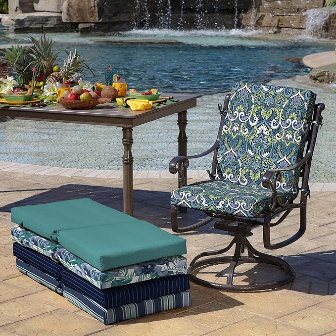 Arden 2-Pack Patio Dining Outdoor Chair Cushions, 20x44, Rain-Proof Seat Pad, Fade-Resistant Outdoor Sapphire Aurora Blue Damask