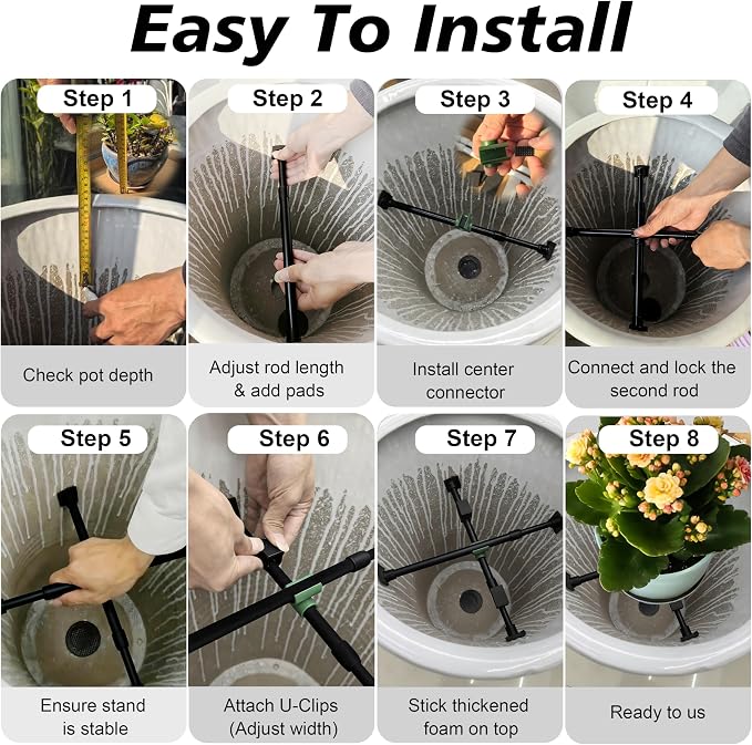 Adjustable Planter Inserts with Dual Telescopic Rods & Cross Connector, Upgraded Adjustable Plant Stand Insert with U-Shaped Clips, Heavy-Duty Plant Lifters for Inside Pots (4 Set, Black)