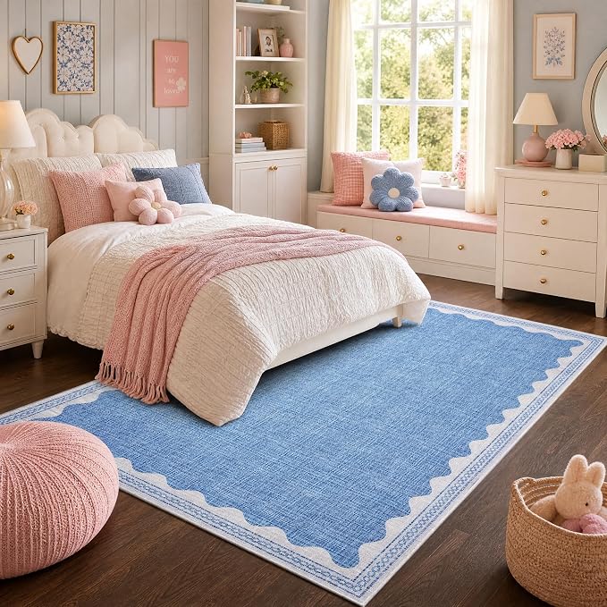 GarveeHome Scalloped Washable Rugs 9x12 Rug for Living Room Non-Slip Solid Blue Modern Minimalism Low-Pile Carpet 9 x 12 Rug for Bedroom Dining Nursery Mat with Rubber Back