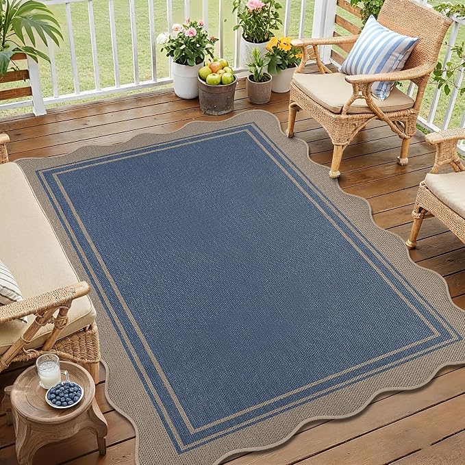 Easy Jute 3x5 Outdoor Rug Washable Non Slip Rug for Entryway Indoor Outdoor Farmhouse Neutral Scalloped Carpet for Backyard Patio Proch Living Room