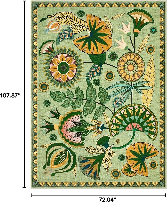 Joydeco Egypt Floral Washable Sage Green Living Room Bedroom Area Rug 6x9 | Boho Botanical Colorful Vintage Aesthetic Non Slip Flower Indoor Throw Carpet for Dining Room Office Guest Room Playroom Dorm