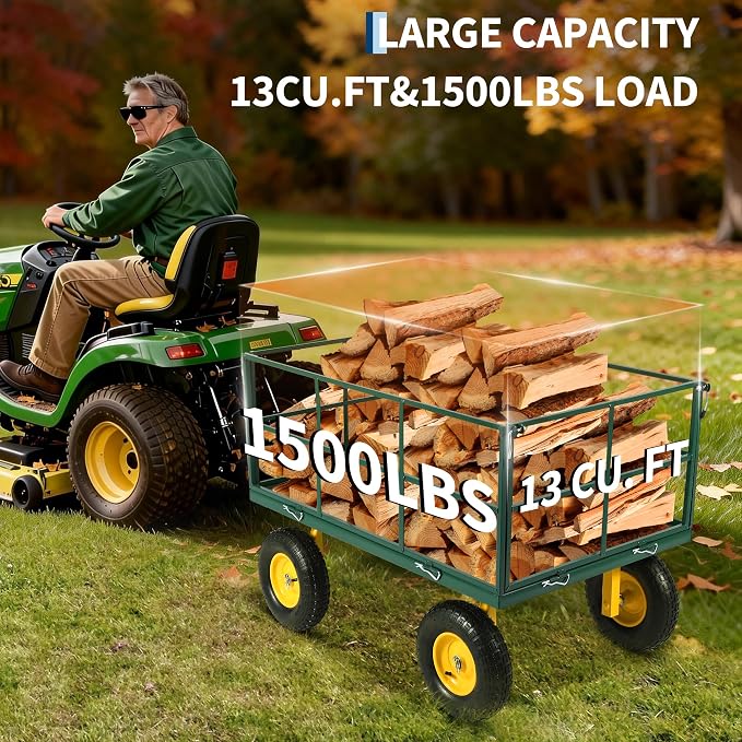 Garvee 1500 LB Heavy Duty Garden Wagon Cart, Outdoor Metal Utility Trailer | 13 in All Terrain Tires, 3-in-1 Yard Wagon Cart with Removable Side Panels for Outdoor Lawn, Yard, Backyard