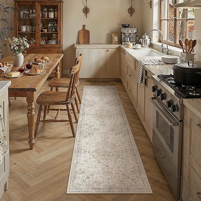 Beige Runner Rug 2x8 Kitchen Vintage Floral Non-Slip Carpet | Machine Washable, Soft, Low Pile, Distressed, for Hallway, Entryway, Laundry Room, Bathroom, Retro Neutral Decor