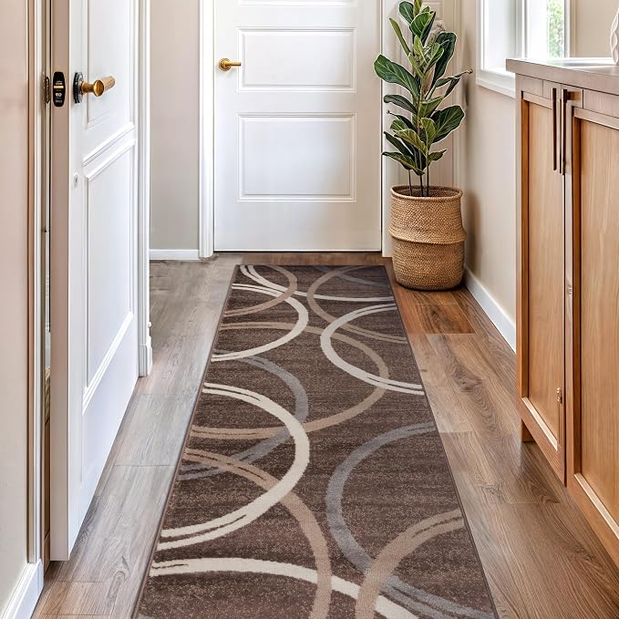 Rugshop Wavy Circles Modern Non-Shedding Runner Rug Brown 2'7" x 6' | Rectangular, Size 2'7" x 6', Living Room, Bedroom, Dining Room, Home Office, Kitchen, Entryway, Hallway, Nursery, Kids Room
