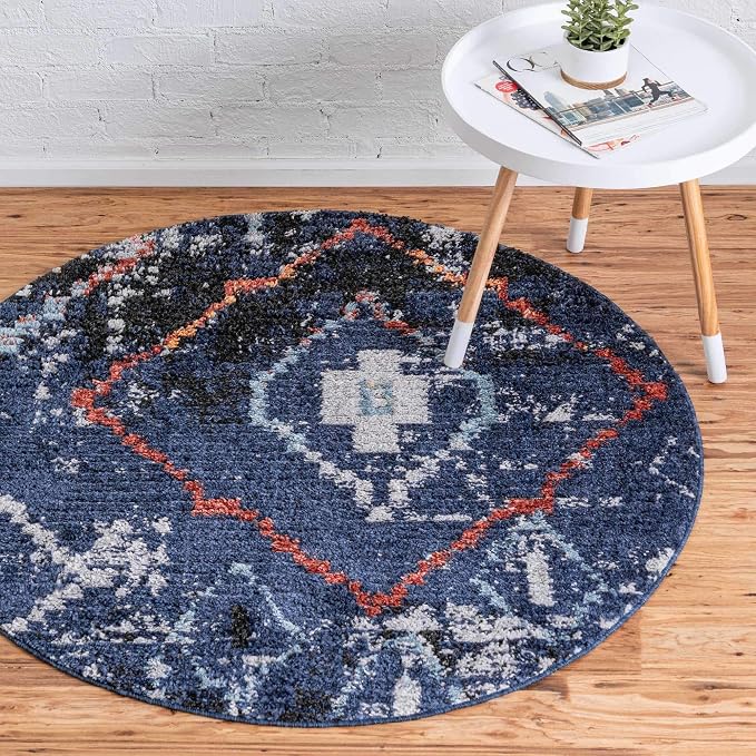Unique Loom Morocco Collection Tribal, Southwestern, Bohemian Area Rug (4' 0 x 4' 0 Round, Navy Blue/Gray)