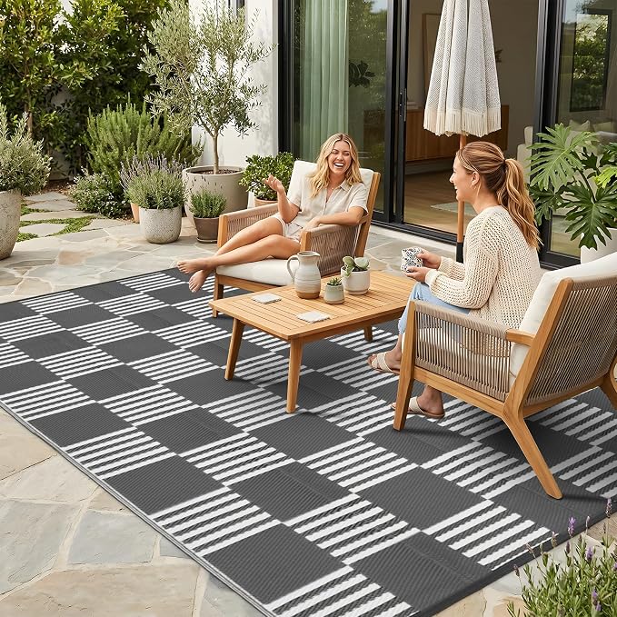 Garvee Waterproof Outdoor Rug 5x8, Checkered Foldable Plastic Straw Patio Camping Rug, Outdoor RV Carpet for Deck Camper Porch Balcony Backyard Picnic Beach Gray and White