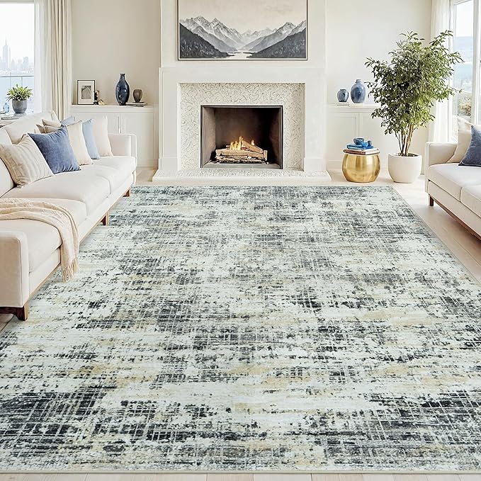 8x10 Washable Area Rug for Living Room Bedroom: Non-Slip Modern Black Gray | Machine Washable TPR Backing, Stain-Resistant Low Pile, Pet & Kid Friendly, Abstract Decor for Dining Room, Dorm, Home Office