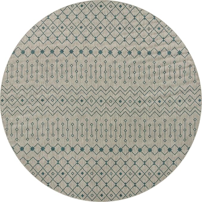 Unique Loom Outdoor Trellis Collection Area Rug - Tribal Trellis (13' Round, Light Blue/ Ivory)