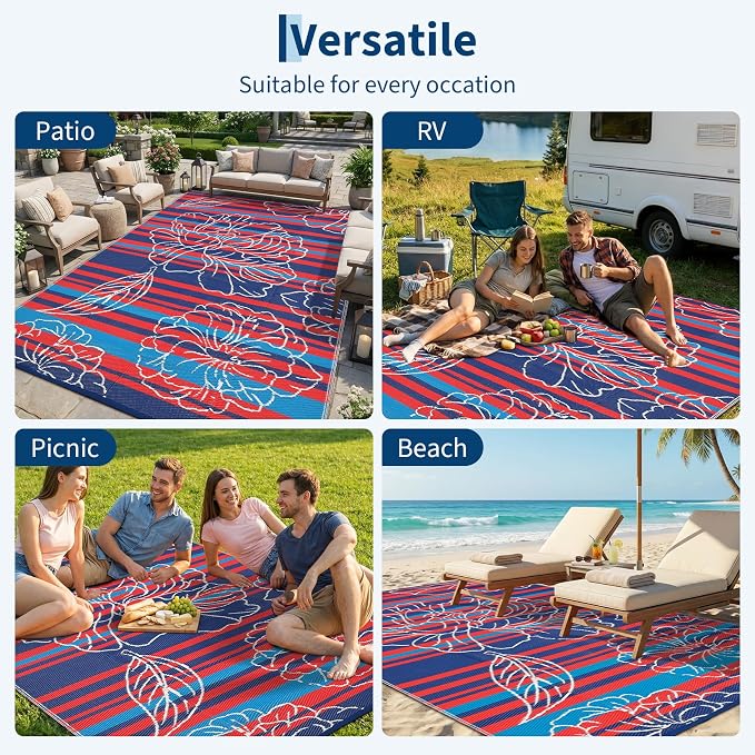 Garvee 5x8 Outdoor Waterproof Rug, Floral Outdoor Area Rug，Reversible Plastic Straw Patio Rug, Portable Camping Mat for RV, Picnic, Beach, Balcony, Garden & Camping Red&Navy