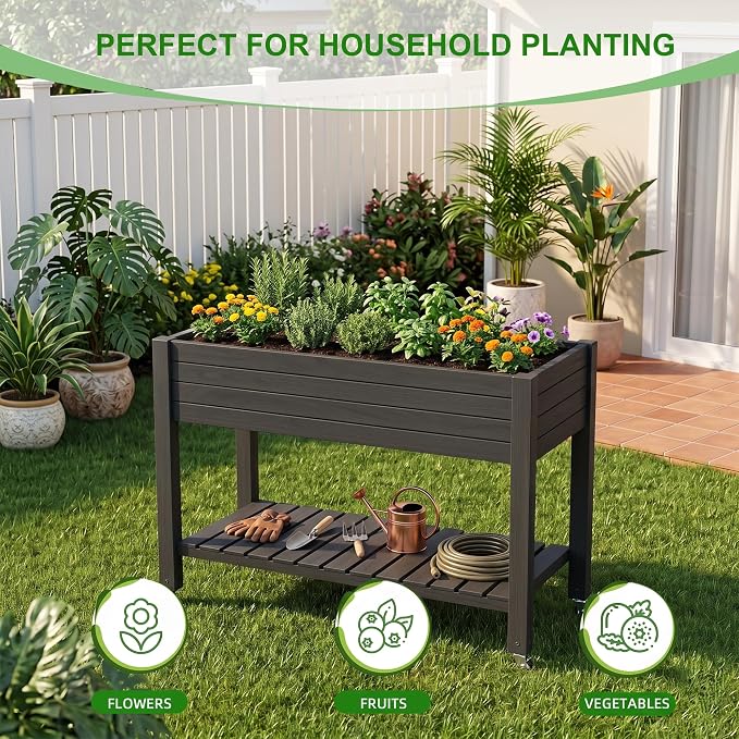 Elevated Resin Raised Garden Bed, 33.7in Height Raised Planter Box with Drainage Holes, Lockable Rotating Wheels & Bottom Storage Shelf, Stake Support, Easy Assembly for Patio Lawn Backyard Balcony