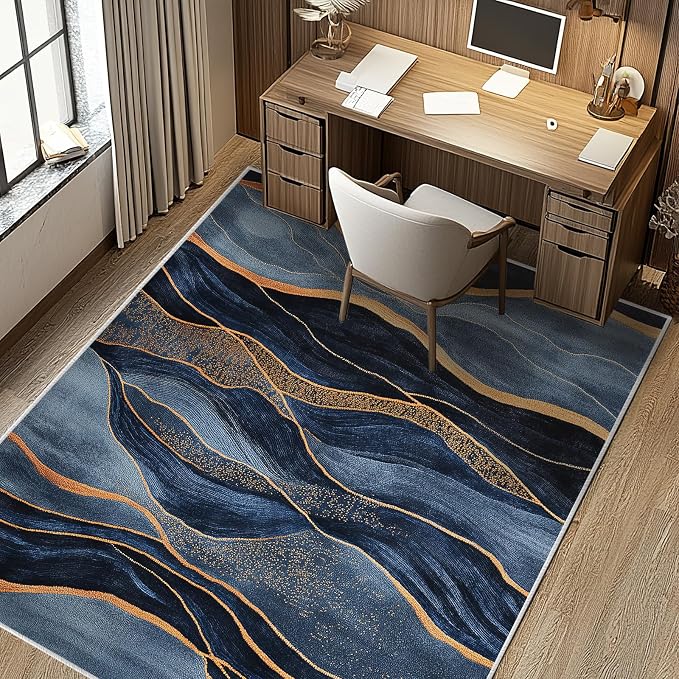 Navy Blue Area Rug Washable 5x7 Abstract Rugs for Living Room Bedroom Modern Gold Non-Slip Soft Floor Large Carpet for Office Entryway Bathroom