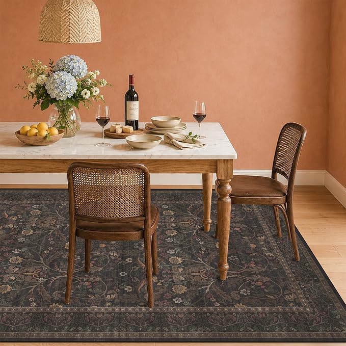 6x9 Dining Room Rugs for Under Table, Washable Carpet Living Room, Dark Brown Low Plie Woodland Soft Bedroom Carpet, Non Slip Floral Funky Dark Academia Rug