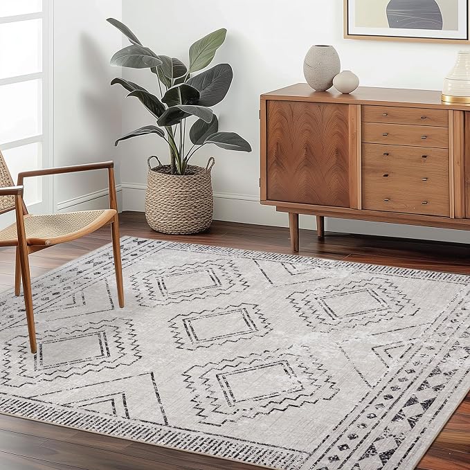 ILANGO Moroccan Area Rugs 3'x5' for Living Room Machine Washable Boho Area Rugs Dedroom with Rubber Backing Non Slip Carpet for Farmhouse Dining Room, Ultra-Thin, Foldable, Easy Clean