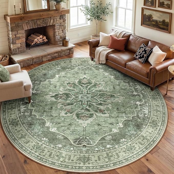 RELEANY Washable Area Rug, Round 8ft, Green/Dark Green/Gray | Non-Slip, Water Repellent, Pet Friendly, Easy to Clean, Vintage Floral Boho Decor for Living Room Bedroom Dining Room