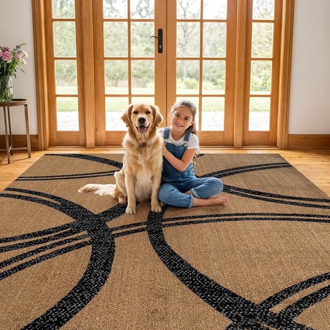 Rugshop Wavy Circles Modern Non-Shedding Area Rug Jute 7'10" x 10'2" | Rectangular, Size 7'10" x 10'2", Living Room, Bedroom, Dining Room, Home Office, Kitchen, Entryway, Hallway, Nursery, Bedside