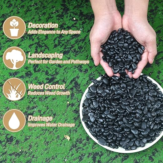 Mulctun 2lb Black Rocks for Planters- 1/4" - 3/4" Polished Black Stones Smooth Flat Pebbles for Fish Tanks Decorative River Rocks for Vases Bonsai Pots Garden Stones for Landscaping and Yards