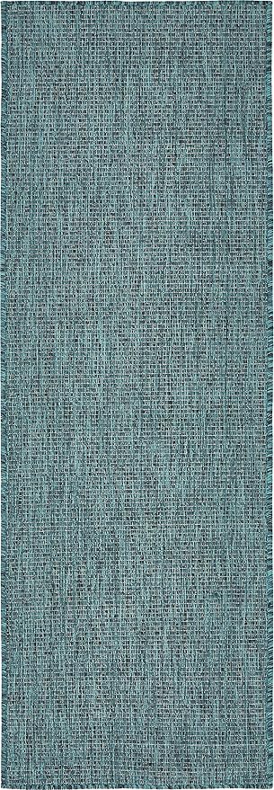 Unique Loom Collection Casual Transitional Solid Heathered Indoor/Outdoor Flatweave Area Rug (2' x 6' 1" Runner, Teal/Navy Blue)