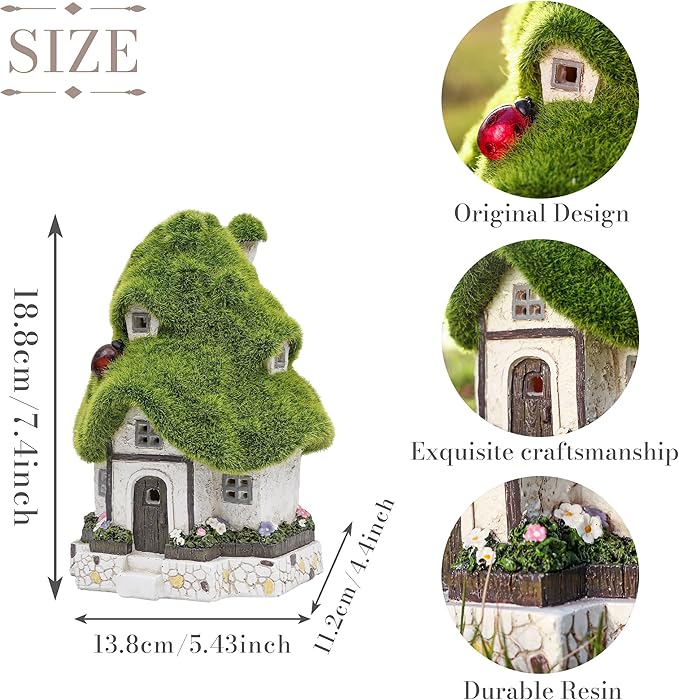TERESA'S COLLECTIONS Flocked Garden Statue and Figurine Fairy House with Solar Outdoor Lights, Resin Garden Decor Outdoor Statues Garden Cottage Yard Decor Porch Lawn Ornaments Gifts for Mom, 7.4"