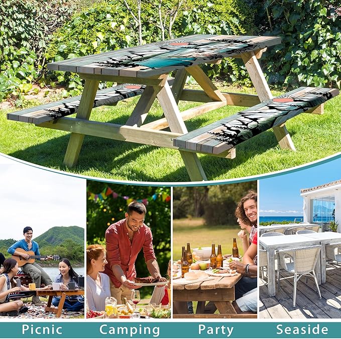 Picnic Table Cover with Bench Covers 6FT Outdoor Camping Essentials Waterproof Fitted Picnic Table Cloth Wood Texture Fitted Picnic Tablecloth with Elastic(3pcs-72")