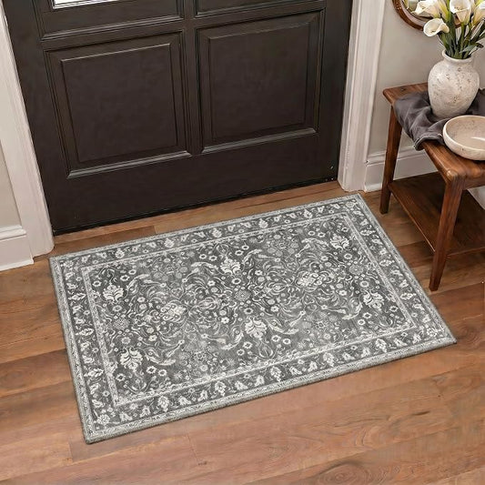 2x3 Doormat, Vintage Floral Washable Non Slip Area Rug for Entrance | Persian Floral Soft Low Pile Boho Rug for Entryway Bedside Kitchen, Stain Resistant Lightweight Easy Care, Charcoal Gray