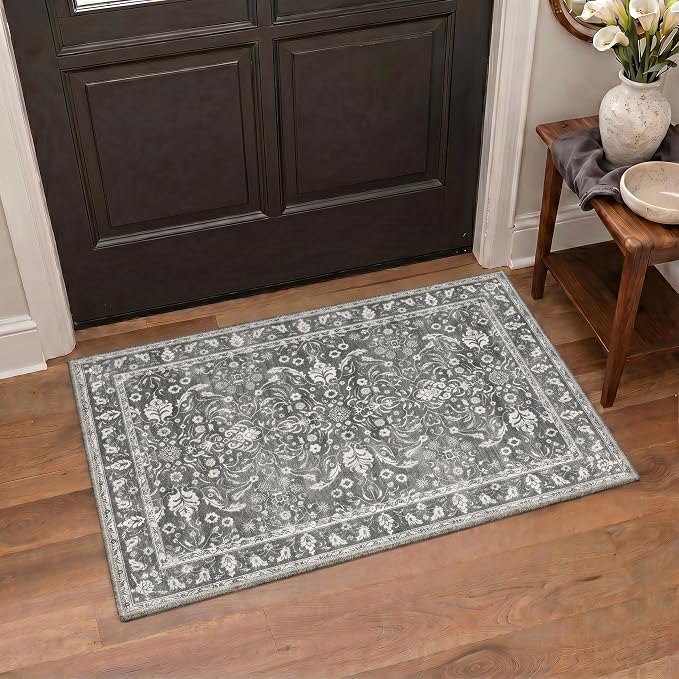 5X7 Area Rug for Living Room, Washable Boho Floral Non Slip | Easy Care Faux Wool Rug for Bedroom Dining Room, Charcoal Gray Vintage Floral Rug, Non-Shedding, Vacuum Friendly, Thin Indoor
