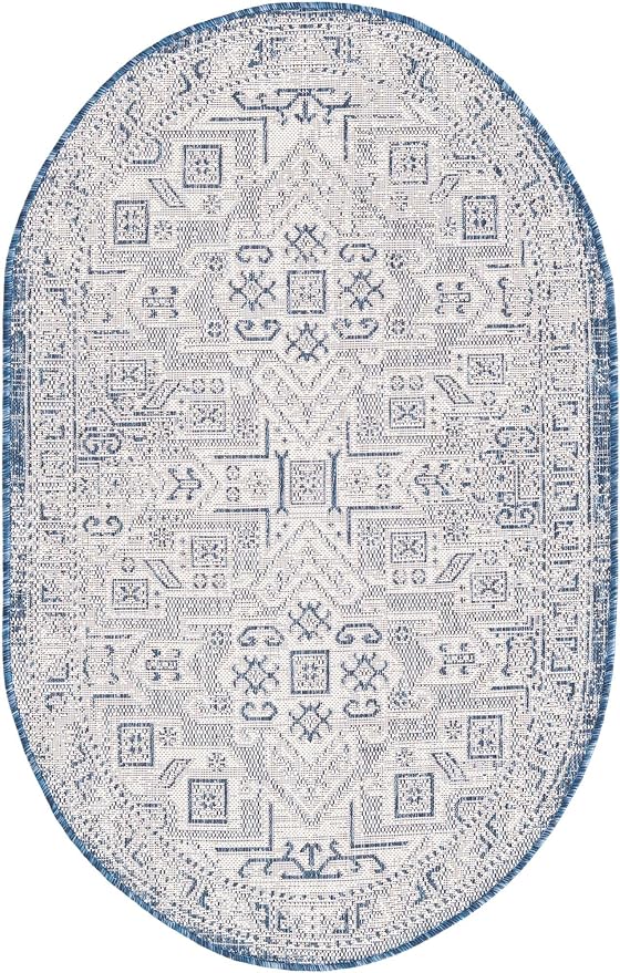 Unique Loom Outdoor Aztec Collection Area Rug - Coba (3' 3" x 5' 3" Oval, Blue/ Ivory)