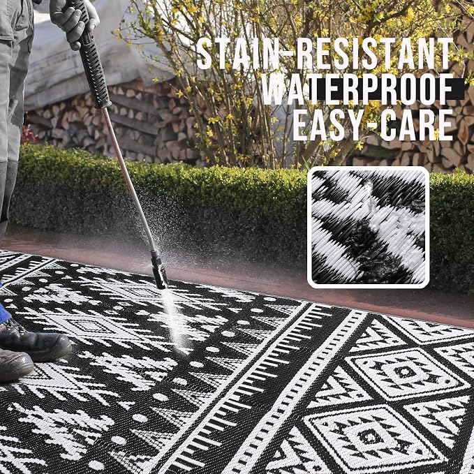 OLANLY Outdoor Rug Waterproof 8x10 ft, Reversible Outdoor Plastic Straw Rug, Boho Patio Rug, Indoor Outdoor Carpet, RV Mat Outside for Patio, Camp, Picnic, Balcony, Deck, Backyard, Black & White
