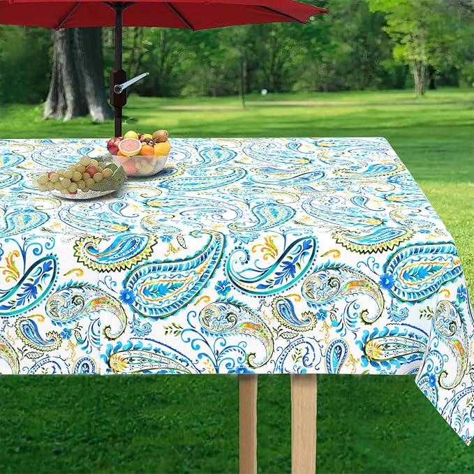 Outdoor Tablecloth with Umbrella Hole and Zipper, Rectangle Patio Table Covers for Spring/Summer, Machine Washable Outdoor Picnic Table Cloth (Paisley, 60" × 84" Rectangular)