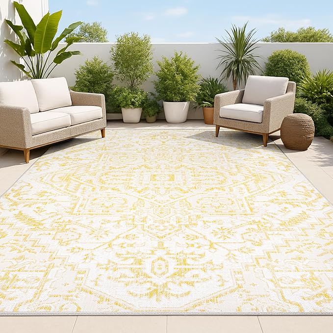 JONATHAN Y Boho Medallion Indoor Outdoor Area Rug 3X5 Cream/Yellow, Estrella Textured Weave for Backyard, Patio, Porch, Easy-Cleaning, High Traffic, Pet-Friendly, Non-Shedding (SMB105H-3)