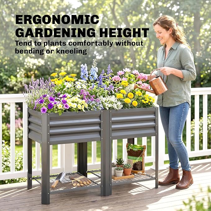 Outsunny Galvanized Steel Raised Garden Bed with Storage Shelf and Bed Liner, Elevated Planter Box with Legs for Flowers, Vegetables, and Herbs, for Outdoor Patio Yard, Glove Included, Dark Gray
