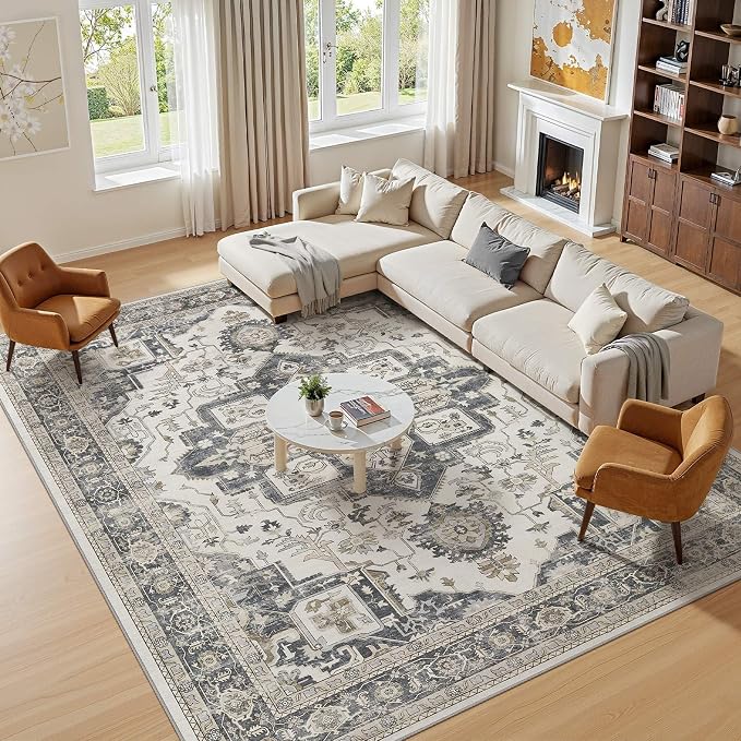 Vintage Washable 10x14 Area Rug for Living Room, Heathered Grey | Soft Low Pile Rug with Non-Slip Backing, Stain Resistant for Bedroom or Dining Room, Kid & Pet Friendly