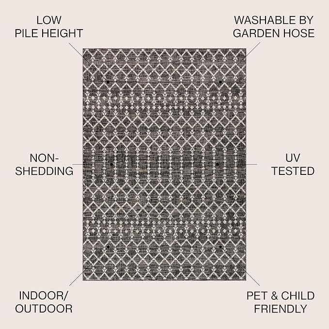 JONATHAN Y Moroccan Geometric Indoor Outdoor Round Area Rug 8 Ft Black/Gray, Ourika Textured Weave for Backyard, Patio, Porch, Easy-Cleaning, High Traffic, Pet-Friendly, Non-Shedding (SMB108F-8R)