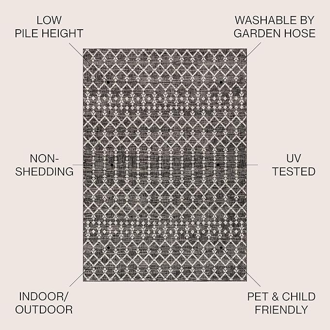 JONATHAN Y Moroccan Geometric Indoor Outdoor Square Area Rug 8X8 Black/Gray, Ourika Textured Weave for Backyard, Patio, Porch, Easy-Cleaning, High Traffic, Pet-Friendly, Non-Shedding (SMB108F-8SQ)