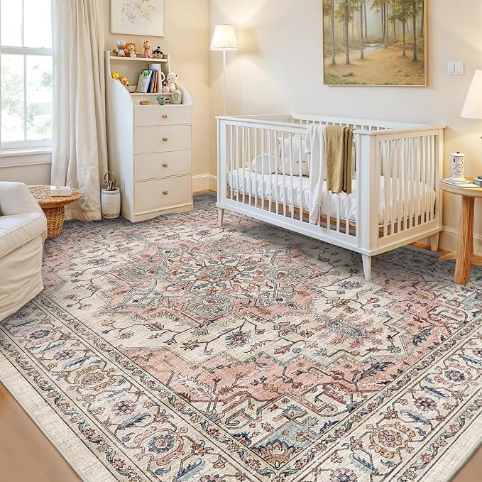 6x9 Area Rug for Living Room Soft Washable Vintage Boho Area Rug | Non-Slip Retro Print Low Pile Stain Resistant Carpet Beige Pink Distressed Indoor Rug for Bedroom Dining Room Nursery Office