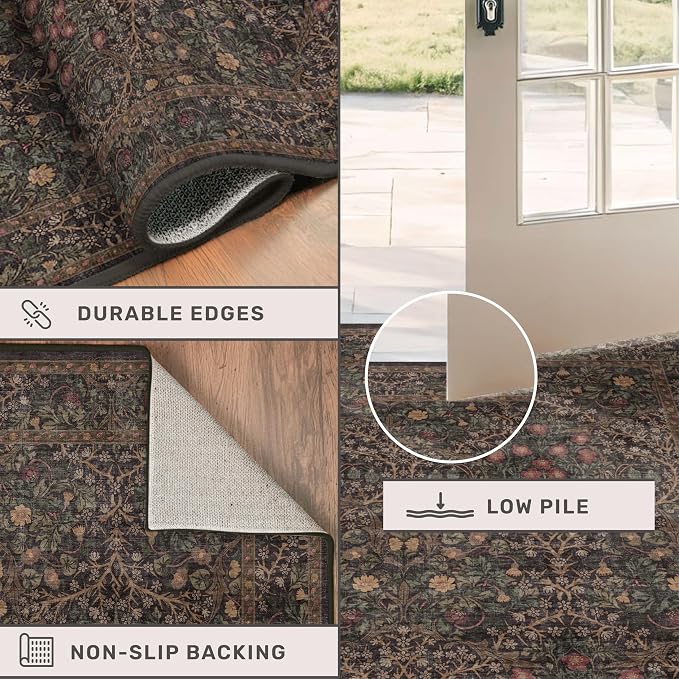 Brown Entryway 2x5 Runner Rug, Small Throw Runners for Kitchen, Bedroom, Bathroom, Laundry Room, Ultra Soft Low-Pile Washable Stain Resistant, Vintage Floral Decor & Non-Slip
