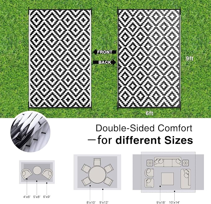 OLANLY Waterproof Outdoor Rug 6x9 ft, Outdoor Plastic Straw Rug for Camping, RV Mat Outside, Indoor Outdoor Carpet for Porch, Deck, Backyard, Balcony, Picnic, Black & White