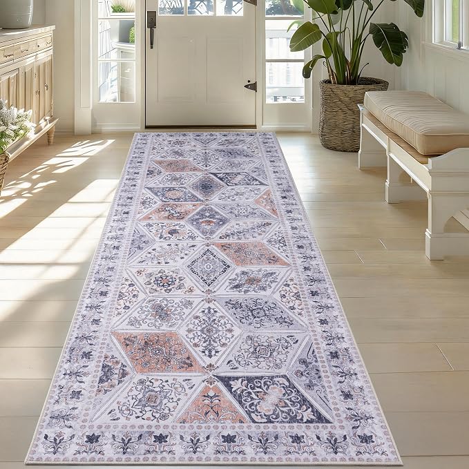 Moroccan Vintage Distressed Boho Floral Geometric 2.7x10 Runner Rug | Washable Non Slip Throw Floor Long Carpet Runner for Hallway Entryway Kitchen Bathroom Bedroom Livingroom Light Grey