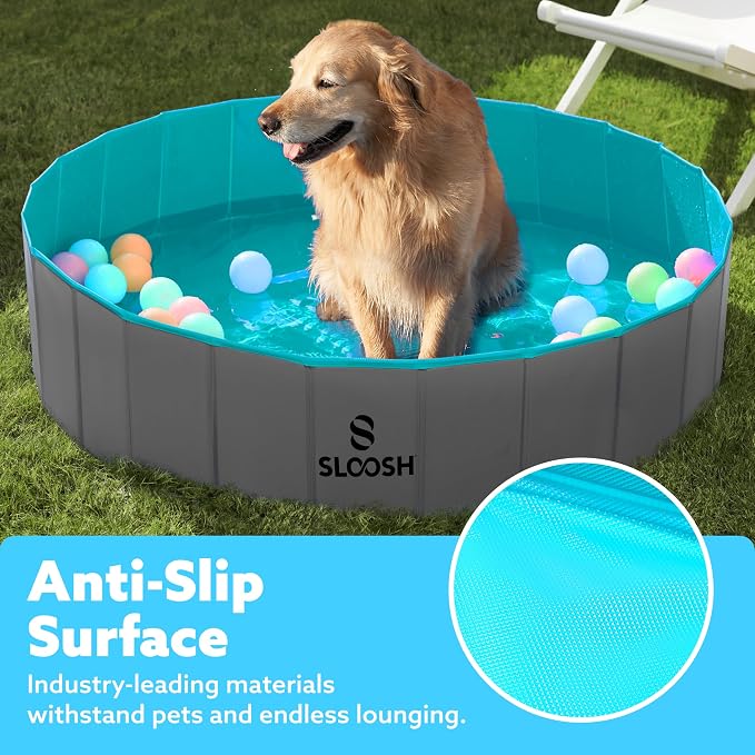 SLOOSH Foldable Dog Kiddie Pool - Portable Hard Plastic Doggie Swimming Pool, Anti-Slip Collapsible Pets Bath Tub Suitable for Kids Indoor Outdoor Backyard Use (Grey, 48" x 12")