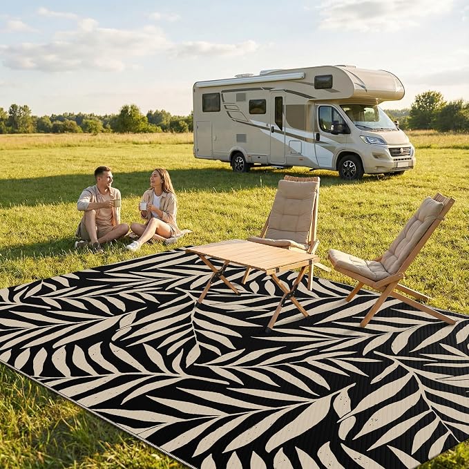 Smiry Outdoor Rug 5x8 ft, Waterproof Reversible Plastic Straw Rugs, Outdoor Area Rug with Leaf Pattern, Outside Floor Mat for Patio, Backyard, Deck, Picnic, Beach, Camping, Black & Beige
