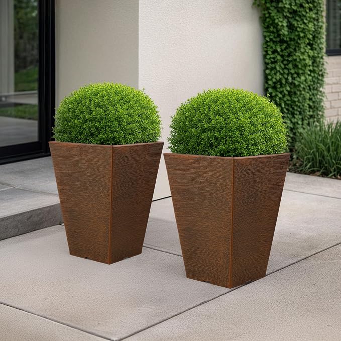 Large Outdoor Planters 2-Pack - 13.75-Inch Tall Planters for Outdoor Plants or Indoor Pots for Plants - Plastic Flower Pots for Patio, Entryway, or Front Porch Decor by Pure Garden (Bronze)