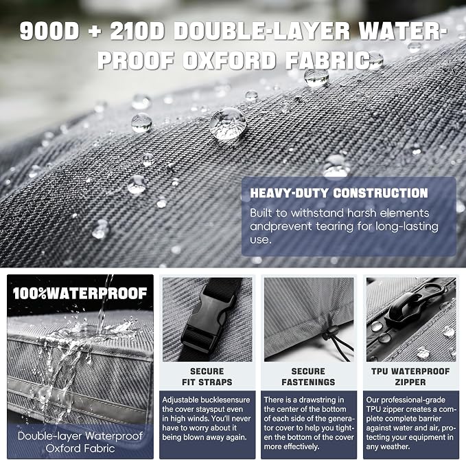 32x24x24 Inch Generator Cover. 900D+210D Double Layer Waterproof Oxford Fabric. Snow/UV/Wind Proof Generator Cover,Fits Most 5000W-13000W Frame Generator. Gray.