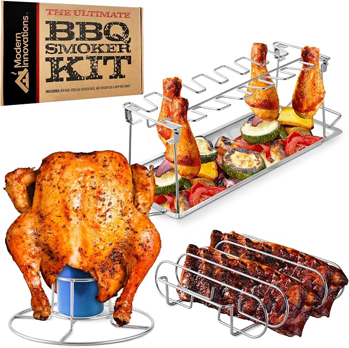 Modern Innovations Grill Racks, Chicken Leg Rack Drumstick Holder, Beer Can Chicken Holder Butt Stand, BBQ Smoke Rib Rack, Smoker Accessories Gifts For Men, Smoking and Grilling Gift Set