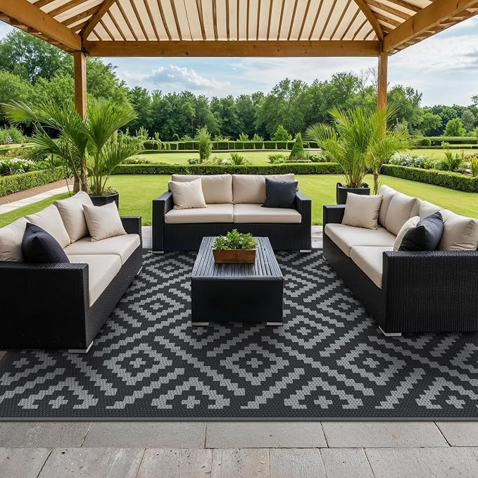 GENIMO Outdoor Rugs 8'x10' Waterproof, Reversible Mats, Area Plastic Straw Rug, Outside Carpet, Geometric Rv Mat for Patio Camping Rv Picnic Backyard Deck Balcony Porch Beach Trailer (Black & Grey)
