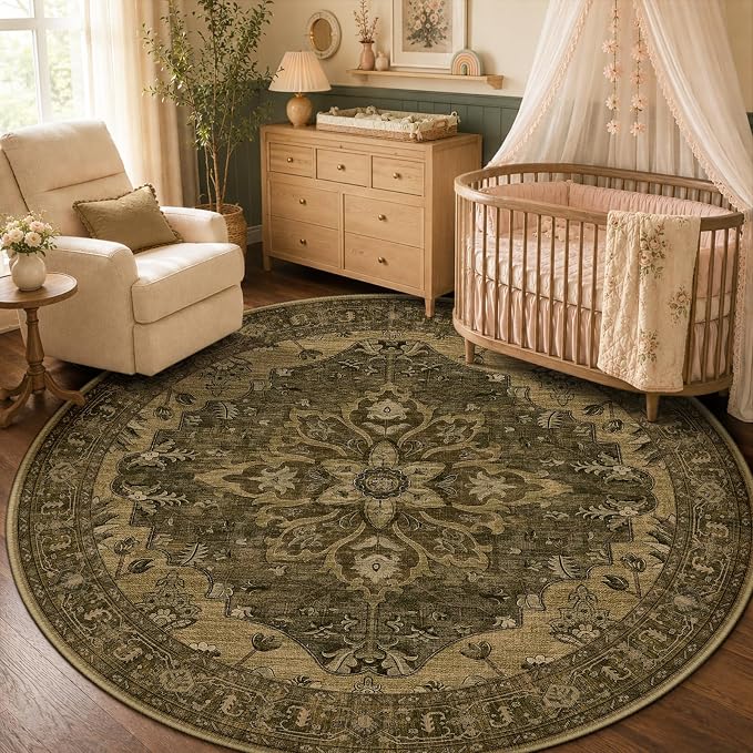 RELEANY Washable Area Rug, Round 5ft, Brown/Dark Brown | Non-Slip, Water Repellent, Pet Friendly, Easy to Clean, Vintage Floral Boho Decor for Living Room Bedroom Dining Room