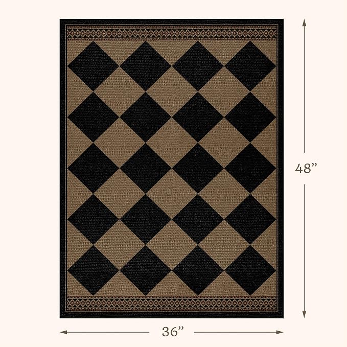 3x4 Checkered Outdoor Rug, Easy Jute Indoor Throw Rug for Entryway, Diamond Farmhouse Front Porch Rug, Boho Washable Non Slip Scandinavian Brown Black Mat for Kitchen, Patio, Bedroom, Backyard