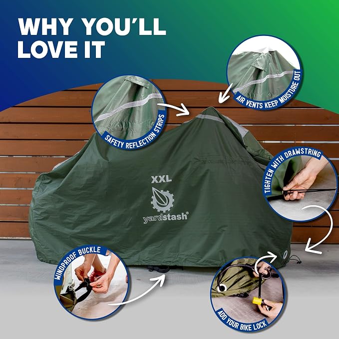 YardStash Bike Cover – XXL Reflective Bicycle Covers for Outside Storage - Waterproof & Weatherproof Garden Tarp Shelters for Bikes, Trikes, 29ers, and Electric Bicycles – Green